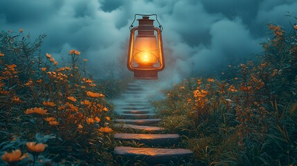 Glowing lantern on misty stone steps in a flower garden at night.