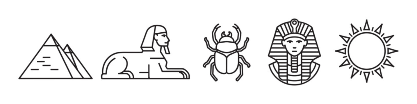 A collection of ancient Egyptian symbols including a pyramid, sphinx, scarab beetle, pharaoh mask, and sun, all rendered in a clean, minimalist black and white line art style