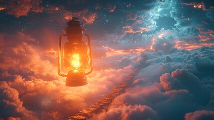 Glowing lantern floats above cloudscape at sunset.