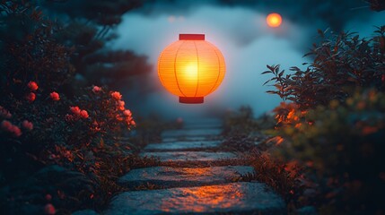 Glowing lantern floats above mystical garden path.