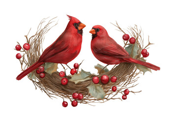 Hand Drawn Watercolor Christmas Cardinal Birds in a Nest Decoration. A pair of festive red birds with holly, an isolated holiday illustration.