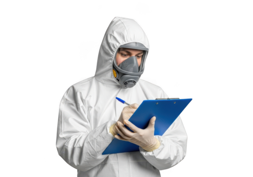 Scientist wearing full protective suit and respirator mask meticulously taking notes on a blue clipboard isolated on transparent background - Powered by Adobe