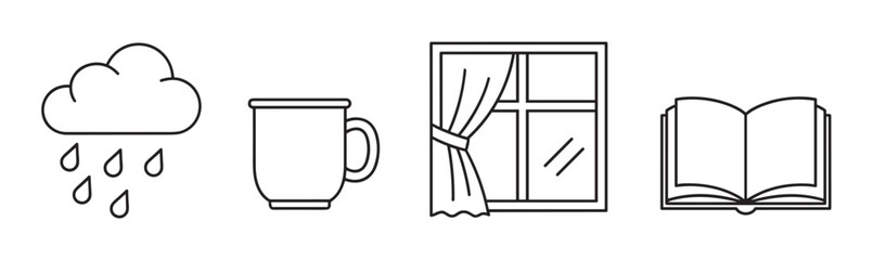Cozy stay-at-home concept illustrated with simple black line icons of a rain cloud, a warm drink in a mug, a window with a curtain, and an open book for reading