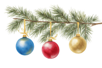 Hand Drawn Watercolor Christmas Ornaments on a Fir Branch Decoration. A festive trio of colorful baubles, an isolated holiday illustration.