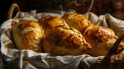 Golden baked pastries nestled in a wicker basket lined with a checkered cloth creating a warm ambiance