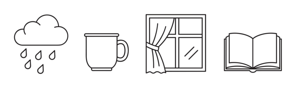 Cozy stay-at-home concept illustrated with simple black line icons of a rain cloud, a warm drink in a mug, a window with a curtain, and an open book for reading