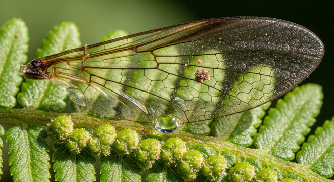 Transparent Insect Wing Detail Resting on a Green Fern Frond
Transparent Insect Wing Detail Resting on a Green Fern Frond