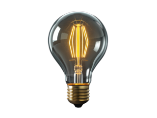 Vintage light bulb with glowing filament isolated on transparent background