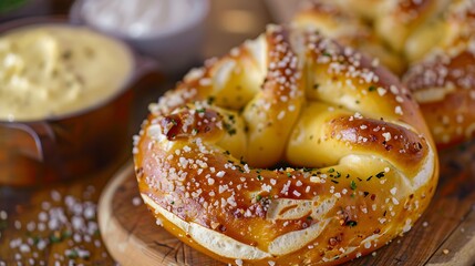 A close up shot of a pretzel covered in salt on a wooden board with a bowl of dip in the background