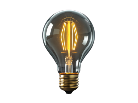 Vintage light bulb with glowing filament isolated on transparent background - Powered by Adobe