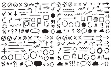 Hand drawn doodle arrows shapes symbols and icons collection