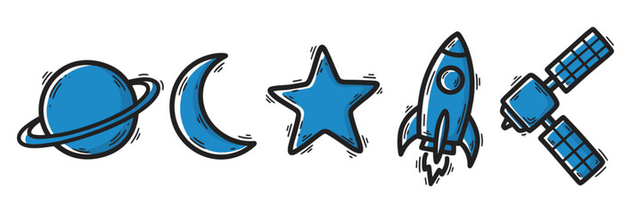 A collection of blue space-themed doodle icons including a planet, moon, star, rocket, and satellite, all drawn in a simple, hand-drawn cartoon style with bold black outlines