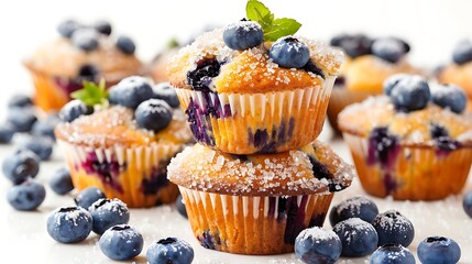 A close up of blueberry muffins with sugar and blueberries on top and scattered around them on a white surface