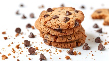 A stack of chocolate chip cookies with chocolate chips scattered on a white surface around them
