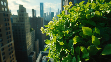 Obraz premium Lush Green Plant Life in Urban Rooftop Garden with City Skyline