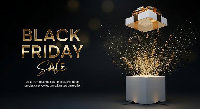 Elegant black friday sale promotion with gift box and golden confetti - Powered by Adobe