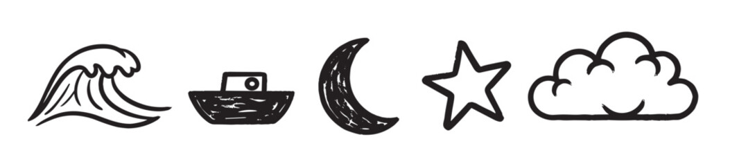 A set of five monochrome doodle illustrations featuring a sea wave, a simple ship, a crescent moon, a five-pointed star, and a fluffy cloud, drawn with a thick brush stroke