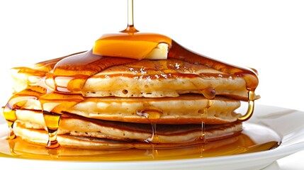 Stack of pancakes with butter and syrup being poured on top against a white background view close up