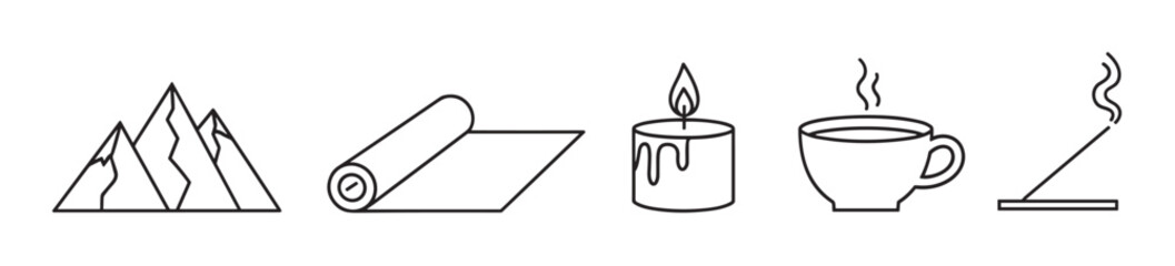 Minimalist line art collection of symbols for self-care and mindfulness, featuring a mountain, yoga mat, burning candle, steaming cup, and incense stick