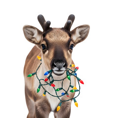 Cute reindeer holding lights, isolated on transparent background ultrarealistic