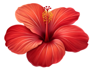 Vibrant red hibiscus flower isolated on transparent background with yellow stamen