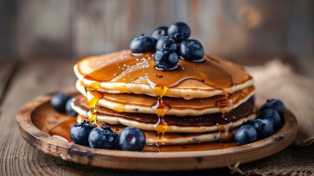 Stack of pancakes topped with blueberries and syrup on a wooden plate for breakfast food item
