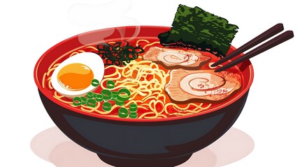 A bowl of ramen with egg pork seaweed and green onions served with chopsticks on a white background