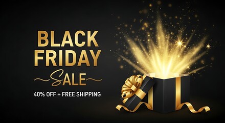 Black friday sale advertisement with a gift box and golden light burst