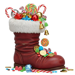 Santa boot filled with candy, isolated on transparent background ultrarealistic