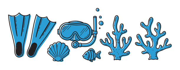 A set of blue doodle-style illustrations featuring snorkeling gear like flippers and a mask, alongside sea life elements such as coral, a fish, and a seashell