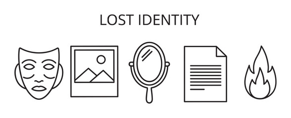 Minimal black and white vector icon set illustrating the theme of a personal crisis or lost identity with symbols for persona, memory, self-image, records, and destruction