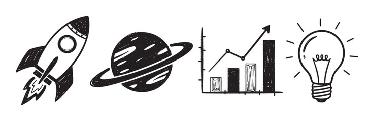 Hand-drawn doodle icon set in a black sketch style featuring a rocket, planet, growth chart, and light bulb representing startup, innovation, and success