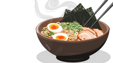A close up view of a bowl of ramen with eggs pork and seaweed served with chopsticks on white background