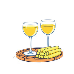 Vsai celebrating with two glasses of white wine and wafers on tray