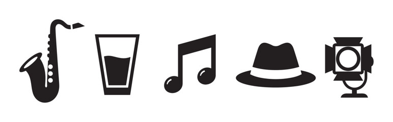 A set of black silhouette icons representing jazz music and classic entertainment, including a saxophone, drink, musical note, fedora hat, and a vintage spotlight