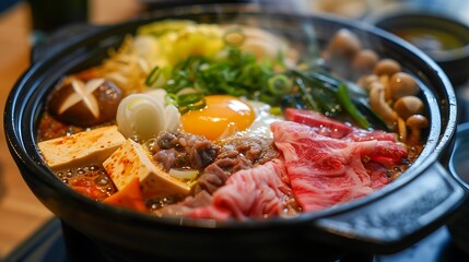 A close up shot of a sukiyaki pot filled with various ingredients and a raw egg in the center