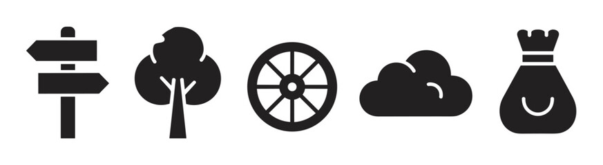 A collection of black silhouette icons for graphic design, featuring a signpost, tree, wagon wheel, cloud, and a money bag, representing travel, nature, and adventure