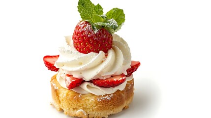 A delicious strawberry shortcake with whipped cream and mint on a white background in a studio shot