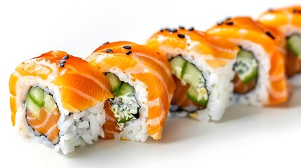 A close up of a row of salmon sushi rolls with cucumber and rice on a white background surface