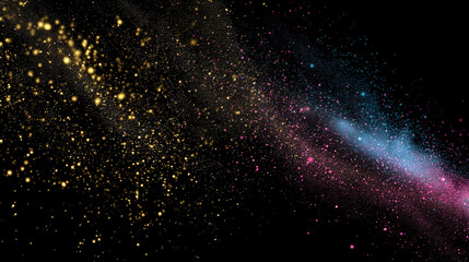 Floating golden stardust particles with soft glowing light on pure black background, high contrast isolated elements for festive design or video compositing