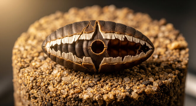 Mysterious Ornate Black and White Insect Egg on Textured Substrate
A captivating macro photograph showcasing a large, highly distinctive, dark brown or black insect egg