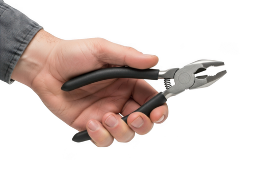 A human hand firmly grips a pair of black handled pliers ready for use isolated on transparent background