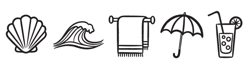 A set of hand-drawn summer vacation icons including a seashell, ocean wave, beach towel, umbrella, and a refreshing drink, rendered in a simple black line art doodle style