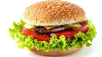 Close up shot of a hamburger with lettuce tomato cheese pickles and sesame seed bun on white background