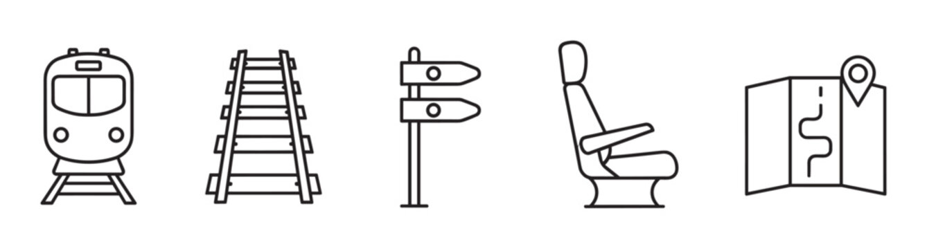 A set of minimalist line icons representing rail travel and transportation, including a train, railway tracks, a directional signpost, a passenger seat, and a route map with a pin