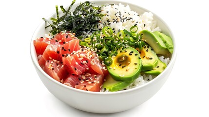 A bowl of poke with rice, salmon, avocado, seaweed, and green onions on a white background