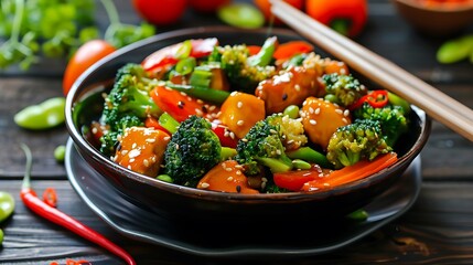 A bowl of asian stir fry with tofu broccoli peppers and sesame seeds close up with chopsticks on top