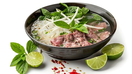 A bowl of pho with beef and bean sprouts garnished with basil and lime wedges on a white surface