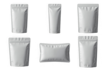 Set of six blank white food or cosmetic sachet mockups for packaging. Isolated on transparent background