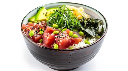 Close up of a poke bowl with tuna avocado edamame seaweed and rice on a white background